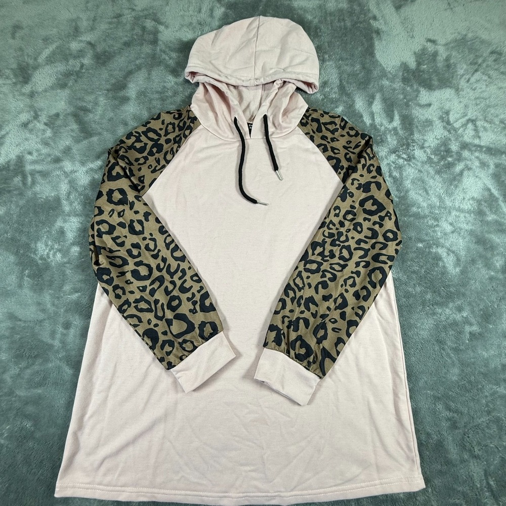Emery Rose Women's Size Medium Hoodie Pink With Brown Leopard Print Sleeves